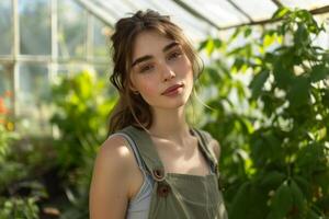 AI generated young woman in a green overall standing in greenhouse photo