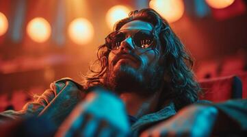 AI generated young man with long hair and beard with sunglasses and glasses watching movie in cinema photo