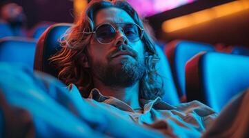 AI generated young man with long hair and beard with sunglasses and glasses watching movie in cinema photo