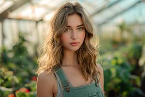 AI generated young woman in a green overall standing in greenhouse photo