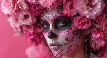 ai generado un mujer vestido en azúcar calaveras y falso foto