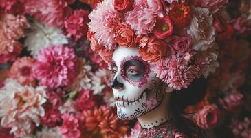 ai generado un mujer vestido en azúcar calaveras y falso foto