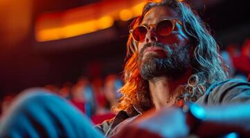 AI generated young man with long hair and beard with sunglasses and glasses watching movie in cinema photo