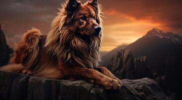 AI generated a dog is sitting on a rocks while laying on a mountain photo