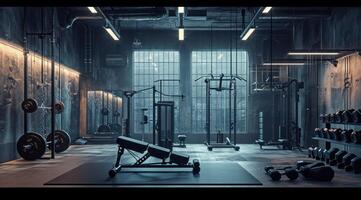 ai generado un gimnasio con oscuro ejercicio equipo foto