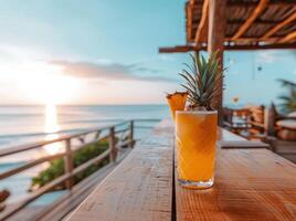 ai generado un piña cóctel en un mesa en un playa foto