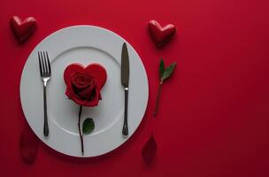 ai generado un blanco plato con rojo rosa, tenedor, cuchillo y un corazón conformado plato en rojo antecedentes foto