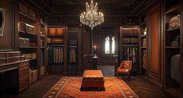 AI generated a private master closet in a brown building with a chandelier and dark woods photo