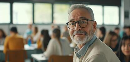 ai generado un más viejo hombre en lentes es en frente de un salón de clases lleno de personas foto