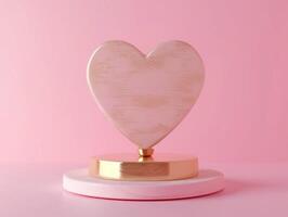 AI generated a pink heart shaped wooden cake stand on pink background photo