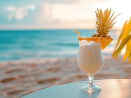 AI generated a white drink with pineapple in it on a table near the beach photo