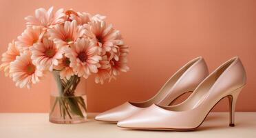 AI generated a pair of pink heels with daisies in the background photo