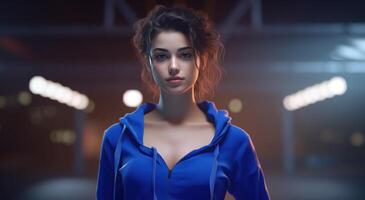 AI generated a young woman is dressed in blue sportswear that has an open top and shorts photo