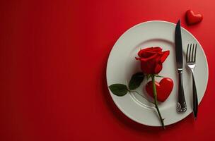 ai generado un blanco plato con rojo rosa, tenedor, cuchillo y un corazón conformado plato en rojo antecedentes foto