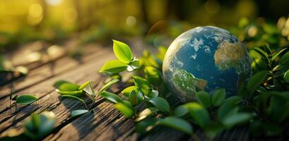 ai generado un planeta tierra con verde hojas en un de madera mesa foto