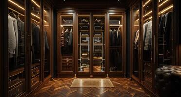 AI generated a walk in closet with a white cabinet and brown leather photo