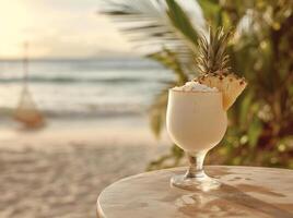 AI generated a white drink with pineapple in it on a table near the beach photo