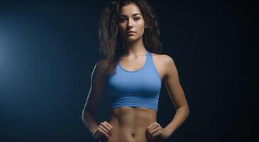 AI generated a young woman is dressed in blue sportswear that has an open top and shorts photo