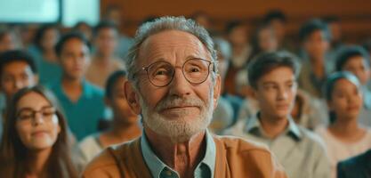 ai generado un más viejo hombre en lentes es en frente de un salón de clases lleno de personas foto