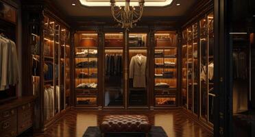 AI generated a walk in closet with a white cabinet and brown leather photo