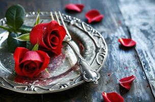AI generated a silver plate with a heart shaped cutlery and rose photo