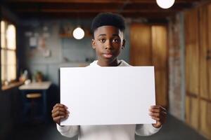 ai generado un joven negro hombre participación un vacío blanco tablero saludo tarjeta foto