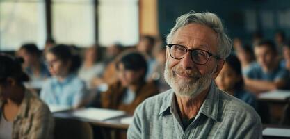 ai generado un más viejo hombre en lentes es en frente de un salón de clases lleno de personas foto