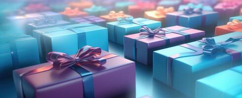 AI generated closeup of a bunch of gift boxes in a rainbow color photo