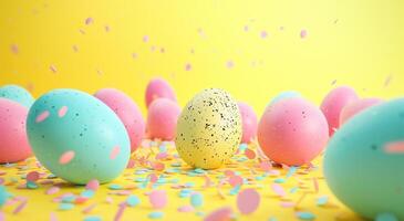 AI generated color coated eggs on a yellow background photo