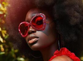 ai generado negro mujer con largo afros vistiendo rojo corazón conformado Gafas de sol foto