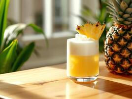 AI generated drink served with slice of pineapple on a wooden table photo