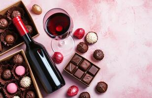 AI generated chocolates, wine and box of chocolates on pink background photo