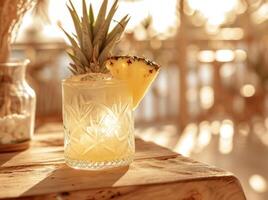 AI generated drink served with slice of pineapple on a wooden table photo
