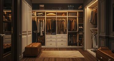 AI generated a walk in closet with a white cabinet and brown leather photo