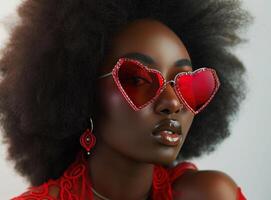 ai generado negro mujer con largo afros vistiendo rojo corazón conformado Gafas de sol foto