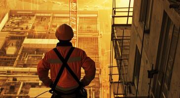 AI generated construction worker in orange hardhat looking to the ground photo