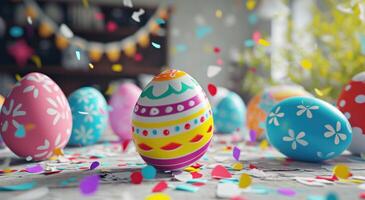 AI generated colorful easter eggs on table and white confetti backgrounds photo