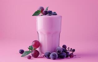 AI generated blueberry smoothie with blueberries and basil leaves on wooden table photo