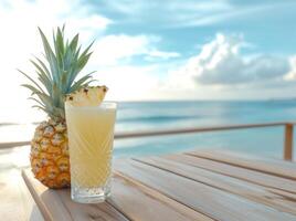 ai generado un piña cóctel en un mesa en un playa foto