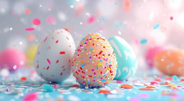 AI generated colorful easter eggs on table and white confetti backgrounds photo