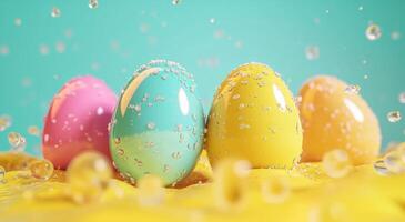 AI generated color coated eggs on a yellow background photo