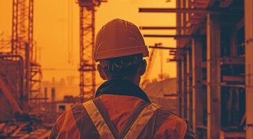 AI generated construction worker in orange hardhat looking to the ground photo