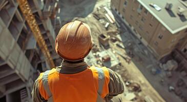 AI generated construction worker in orange hardhat looking to the ground photo