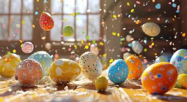 AI generated easter eggs and candy confetti falling on the tabletop photo