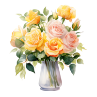 AI generated watercolor realistic painting bouquet of rose white yellow . png