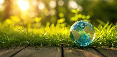 ai generado tierra día en un de madera mesa con verde césped foto