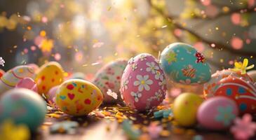 AI generated easter eggs and candy confetti falling on the tabletop photo