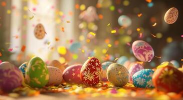 AI generated easter eggs and candy confetti falling on the tabletop photo