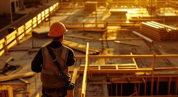 ai generado construcción trabajador en naranja casco de seguridad mirando a el suelo foto