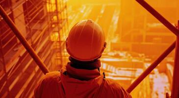 AI generated construction worker in orange hardhat looking to the ground photo